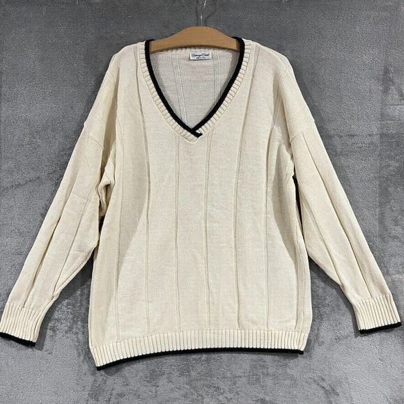 Vintage Ivory V Neck Knit Sweater Grandpacore Minimalist Old Money Sz M/L - Picture 1 of 8